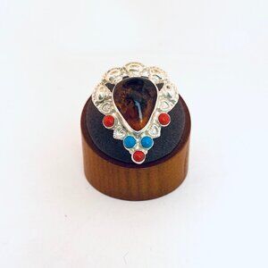 925 Sterling Silver Statement Ring Amber Turquoise Coral Inlay Size 8 Estate
